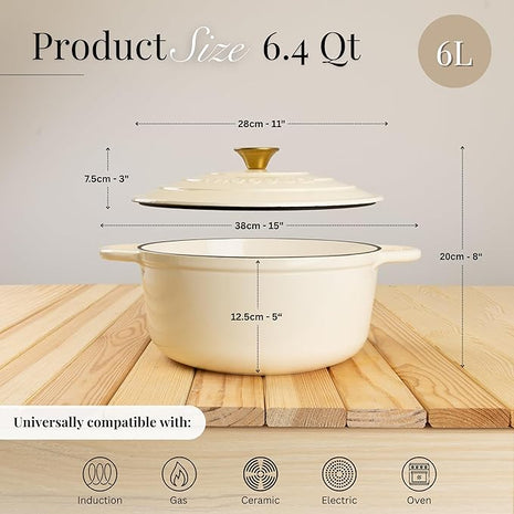 Nuovva Enamelled Cast Iron Dutch Oven Pot with Lid – 6.4 Quart Non Stick Casserole Pot – Heavy Duty & Oven Safe up to 500° F for Bread Baking, Braising, Stews, Roasting – 28cm Cream