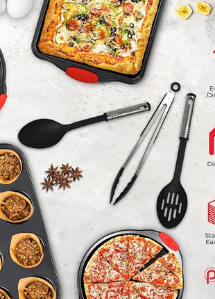 PERLLI Non-Stick 17-Piece Baking Pan Set, BPA-Free Carbon Steel Bakeware Set with Silicone Handles, Stackable Kitchen Oven Set, Cookie Sheet, Baking Tray, Baking Sheet Set, Utensils, Oven Safe (446°F)