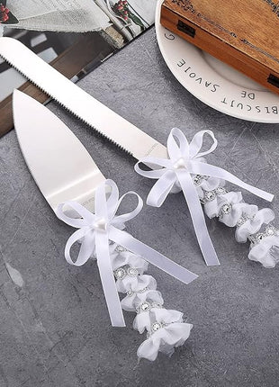 TANG SONG Elegant Stainless Steel Wedding Cake Knife and Serving Set Resin Plastic Handle with Heart Beads and Bowknot Riband Lace Design