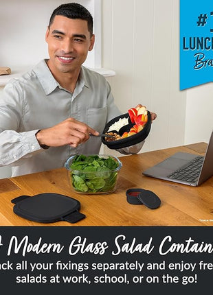 Bentgo Glass All-in-One Salad Container - Large 61-oz Salad Bowl with Lid, 4-Compartment Bento-Style Tray, 3-oz Sauce Container, and Reusable Fork - Dishwasher, Microwave, and Oven Safe (Black Onyx)