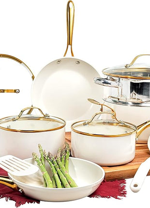 GOTHAM STEEL 15 Pc Ceramic Cookware Set, Ceramic Pots and Pans Set Non Stick with Cooking Utensils and Steamer, Non Toxic PFOA PFOS Free, Premium Gold Stay Cool Handles, Oven & Dishwasher Safe
