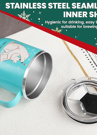 HAUSHOF 14oz Christmas Mug, Stainless Steel Coffee Mugs with Lid and Handle, Insulated Coffee Cups, Ideal Christmas Gifts for Mom, Dad, Kids