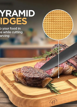 Turkey Platter for Thanksgiving - 18x12 Reversible Bamboo Carving Cutting Board for BBQ or Grilling - Heavy Duty Butcher Block with Deep Juice Groove, Spikes, Grid Grip - Large Kitchen Christmas Gift