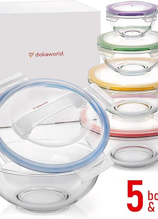 Set of 5 Stackable Space-Saving Nesting Glass Bowls with BPA Free Lids for Foodprep, Storage, Baking, Mixing & Cooking, Microwave Safe - Durable Inert Borosilicate Glass