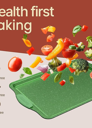 BAKKEN Kitchen Baking Pan Set - Nonstick Green Marble Coating, Carbon Steel Bakeware Sets with Green Silicone Handles, Kitchen Essentials, PFOA, PFOS, PTFE Free, Oven Safe (Up To 450° F), Set of 3