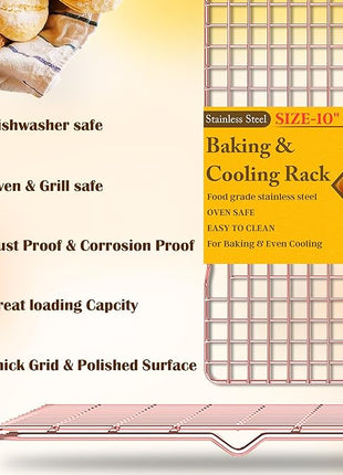 2PCS Cooling Racks for Cooking and Baking - 10" x 16"Heavy Duty Stainless Steel Wire Rack for Baking, Grilling, Roasting - Oven & Dishwasher Safe - Fits Half Sheet Pan（Rose Gold）