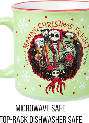 Silver Buffalo Disney Nightmare Before Christmas Making Christmas Fright Featuring Jack Skellington, Sally, Oogie Boogie, Shock, Barrel, and Scary Teddy Ceramic Camper Mug, 20 Ounces