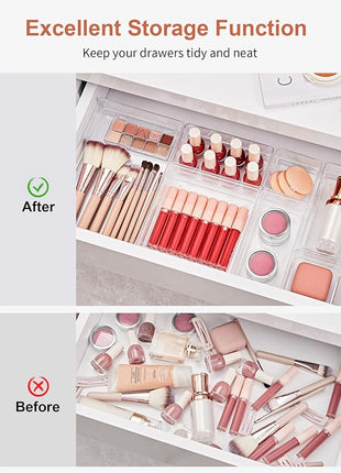 SMARTAKE 16-Piece Drawer Organizer with Non-Slip Silicone Pads, 5-Size Desk Storage Tray for Makeup, Jewelries, Utensils in Bedroom Dresser, Office and Kitchen, Clear