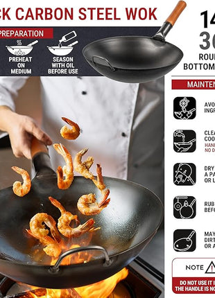 YOSUKATA 14" Carbon Steel Wok with Round Bottom – Pre-Seasoned Pow Wok for Stir Fry – Traditional Chinese Japanese Black Steel Pan – Outdoor Cookware for Gas Stovetops, Open Fire, BBQ, Camping