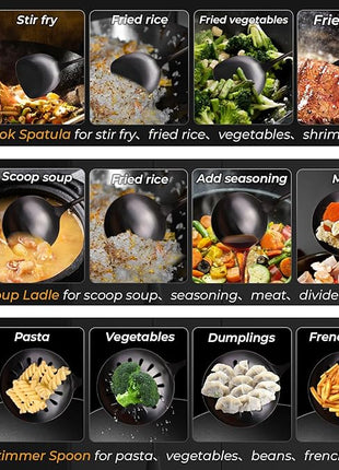 Wok Spatula and Ladle,Skimmer Ladle Tool Set,15 Inches 18/10 Stainless Steel Vintage Wok Utensils,Wok Spatula and Ladle Set with Solid Wooden Handle，Wok Accessories with Natural Cleaning Loofah Sponge