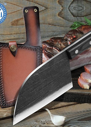 XYJ Authentic Since 1986,Outstanding Ancient Forging,6.7 Inch Full Tang,Serbian Chefs knife,Chef Meat Cleaver,Kitchen Knives,Set with Leather Sheath,Take Carrying,Butcher