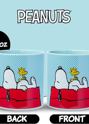 Silver Buffalo Peanuts Snoopy and Woodstock on House Blue Dot Background Ceramic Coffee Mug, 20 Ounces