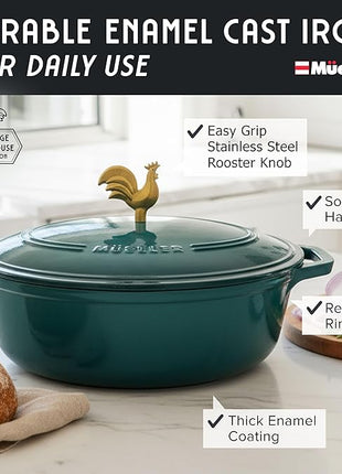 MUELLER HOME 5.5 Quart Enameled Cast Iron Oval Dutch Oven with Rooster Knob and Cotton Potholders, Heavy-Duty Cookware, Oven-Safe up to 500° F & Across All Cooktops, Thanksgiving Essentials, Emerald