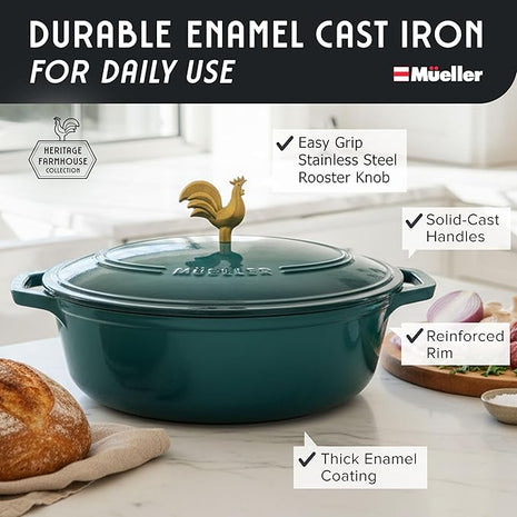 MUELLER HOME 5.5 Quart Enameled Cast Iron Oval Dutch Oven with Rooster Knob and Cotton Potholders, Heavy-Duty Cookware, Oven-Safe up to 500° F & Across All Cooktops, Thanksgiving Essentials, Emerald