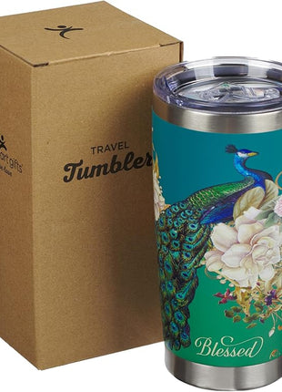 Christian Art Gifts Stainless Steel Double Wall Vacuum Insulated Tumbler 18 oz Peacock Teal Travel Mug with Retractable Lid Inspirational Bible Verse for Women - Blessed Faith -Jeremiah 17:7