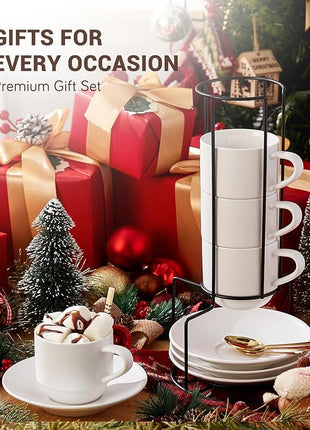 Lareina 8 Ounce Porcelain Cappuccino Cups Set of 4, Stackable Coffee Cups with Saucers, Spoons and Metal Stand -for Specialty Coffee Drinks, Cappuccino, Latte, Americano and Tea, White