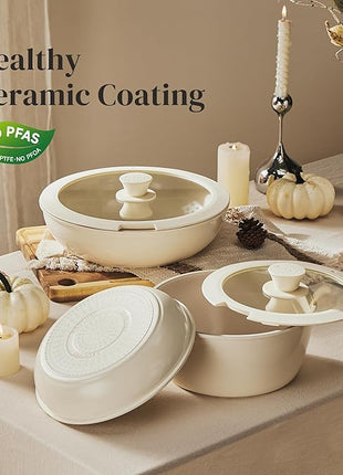 Redchef Ceramic Pots and Pans Set Non Stick, Nonstick Kitchen Cookware Sets, Non Toxic Pots and Pans Set Non Stick, PFAS PFOA & PTFE Free, Detachable Handle Pots and Pans 5 Piece, RV Cookware