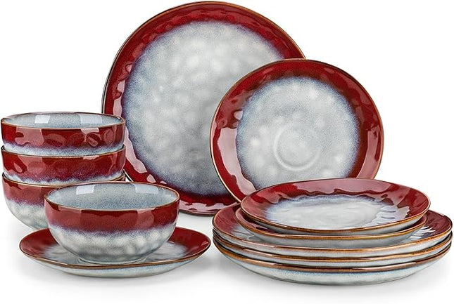 vancasso Starry Dinnerware Set for 4, Handmade Reactive Glaze Stoneware 12 Pieces Plates and Bowls Sets, Dishwasher and Microwave Safe Dish Set, Red
