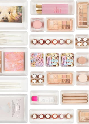 Vtopmart 25 PCS Plastic Drawer Organizers Set, 4-Size Versatile Bathroom and Vanity Drawer Organizer Trays, Storage Bins for Makeup, Bedroom, Kitchen Gadgets Utensils and Office