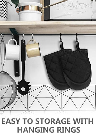Qulable 1 Pair Short Oven Mitts - Silicone Kitchen Oven Gloves High Heat Resistant 500℉, Mini Oven Mits with Non-Slip Grip Surfaces and Hanging Loop for BBQ, Baking, Cooking and Grilling (Black)
