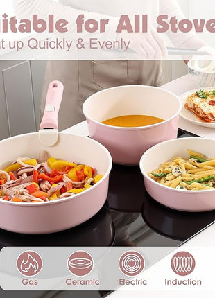 SENSARTE 17 Piece Ceramic Pots and Pans Set, Nonstick Detachable Handle Cookware, Induction Kitchen Cookware Set with Removable Handle, Dishwasher ＆ Oven Safe (Pink)