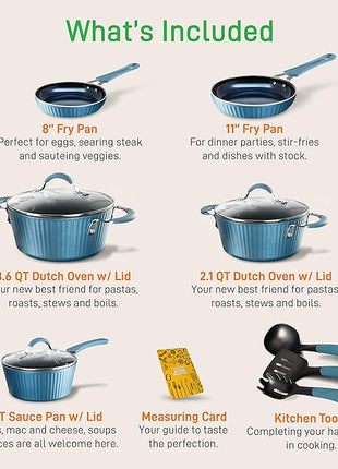 NutriChef NCCW11BL Nonstick Cookware Excilon |Home Kitchen Ware Pots & Pan Set with Saucepan, Frying Pans, Cooking Pots, Lids, Utensil PTFE/PFOA/PFOS free, 11 Pcs, Blue