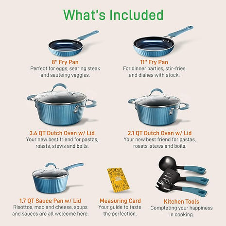 NutriChef NCCW11BL Nonstick Cookware Excilon |Home Kitchen Ware Pots & Pan Set with Saucepan, Frying Pans, Cooking Pots, Lids, Utensil PTFE/PFOA/PFOS free, 11 Pcs, Blue