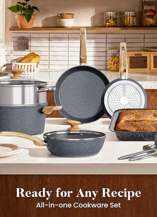 Kitchen Academy Granite Nonstick Cookware Set - 17 Piece Gray Cooking Pans Set, Induction Pots and Pans Set Non Stick, PFOA & PFOS Free.