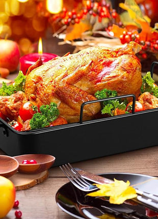 P&P CHEF 16" Roaster Roasting Pan with Baking Rack and V-shaped Rack, Stainless Steel Rectangular Lasagna Pan with Handles for Turkey Chicken, Healthy & Dishwasher Safe, 3 Pieces, Black