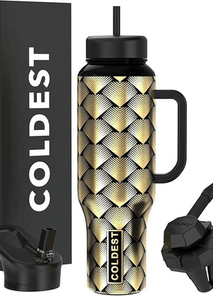 Coldest Tumbler with Handle and Straw - 100% Leak Proof Insulated Tumbler with Lid and Straw (3 Lids) - Stainless Steel Tumblers for Women & Men - Cup Holder Friendly Base, 46 oz (Gold Dragon)