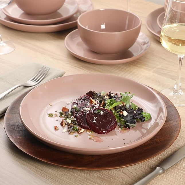 Gibson Home Rockaway 12 Piece Plates and Bowls Matte Outside/Shiny Inside Glaze Service for 4 Dinnerware Set - Pink - Dishwasher and Microwave Safe