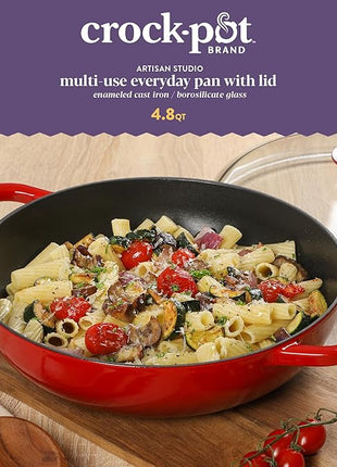 Crock Pot Artisan 5-Quart Enameled Cast Iron Braiser Pan With Borosilicate Glass Lid, Everyday Covered Skillet for Searing, Roasting, and Baking, Red