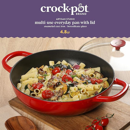 Crock Pot Artisan 5-Quart Enameled Cast Iron Braiser Pan With Borosilicate Glass Lid, Everyday Covered Skillet for Searing, Roasting, and Baking, Red