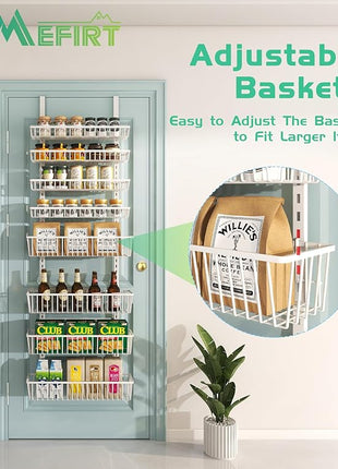 Over The Door Pantry Organizer, Pantry Organization and Storage, 8-Tier Deep Baskets Hanging Heavy-Duty Metal, Wall Spice Rack Seasoning Shelves for Home & Kitchen, Laundry Room Bathroom, White