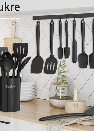Coukre Silicone Kitchen Cooking Utensils Set with Holder – Heat-Resistant, Food-Grade Kitchen Tools, Spatula, Spoon & Gadgets for Non-Stick Pans, Dishwasher Safe (14, PureBlack)