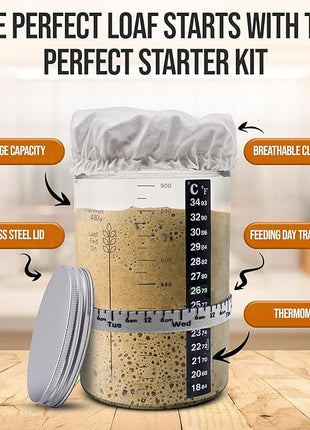Sourdough Starter Kit - 34oz Large Capacity Glass Fermentation Jar with Lid, Silicon Spatula, and Measuring Spoons - Beginner Sourdough Starter Kit, Sourdough Bread Baking Supplies, Fermentation Kit