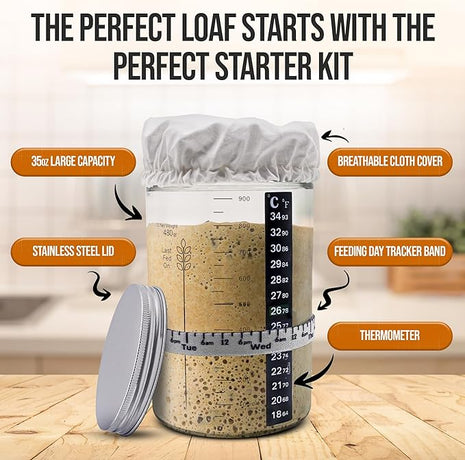 Sourdough Starter Kit - 34oz Large Capacity Glass Fermentation Jar with Lid, Silicon Spatula, and Measuring Spoons - Beginner Sourdough Starter Kit, Sourdough Bread Baking Supplies, Fermentation Kit