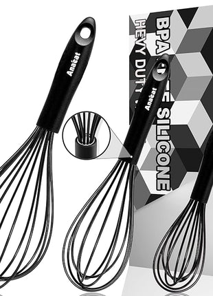 Anaeat Silicone Balloon Whisk, Perfect for Non-Stick Cookware, Milk and Egg Beater Blender, Heat Resistant Kitchen Whisks for Whisking, Cooking, Baking, Beating, Frothing & Stirring (Black)