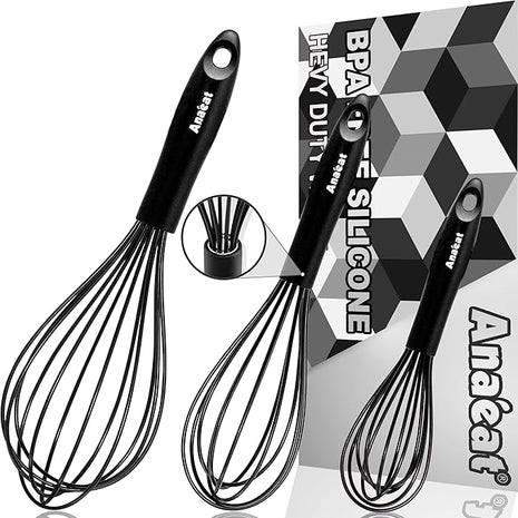 Anaeat Silicone Balloon Whisk, Perfect for Non-Stick Cookware, Milk and Egg Beater Blender, Heat Resistant Kitchen Whisks for Whisking, Cooking, Baking, Beating, Frothing & Stirring (Black)