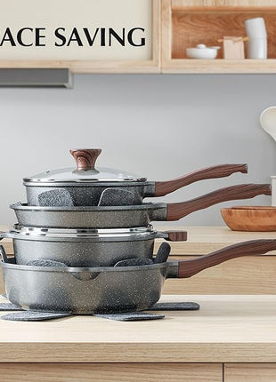 SENSARTE Nonstick Cookware Set 13-Piece, Non Stick Pots and Pans Set with Swiss Granite Coating, Healthy Kitchen Cooking Set, Stay-Cool Handles, PFOA Free