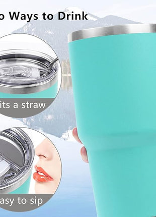 Toopify 30 oz Stainless Steel Insulated Tumbler Travel Mug with Straw Slider Lid, Cleaning Brush, Double Wall Vacuum (30 Mint)