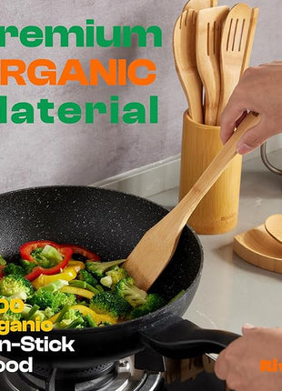 Riveira Bamboo Cooking Spoons 6-Piece – Wooden Cooking Utensils Set with Wooden Spoons for Cooking & Spatulas Wooden Utensil Sets – Premium Kitchen Utensils Set – Durable First Apartment Essentials