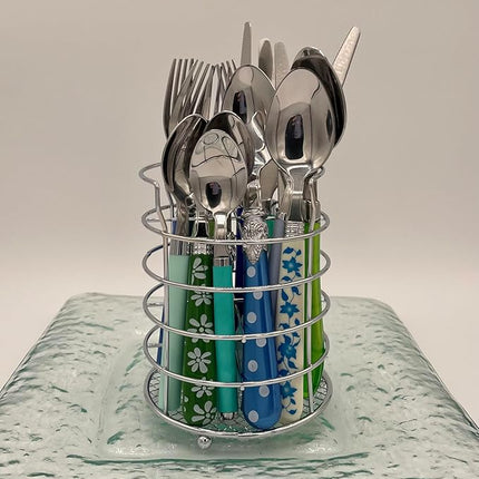 The Original Brink House Eclectic Blue Green Mix & Match Stainless Steel Cutlery Set / 16 pieces with Metal Stand/Lifestyle utensils set for home, first apartment, dorm, dinner parties