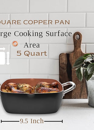 Moss & Stone 5 Pcs Black Copper Chef Cookware Non Stick Deep Frying Pan, Fry Basket, Steamer Rack, Dishwasher & Oven Safe, 5 Qt Deep Square Pan, Induction Copper Cookware Set - 9.5" x 3.5"