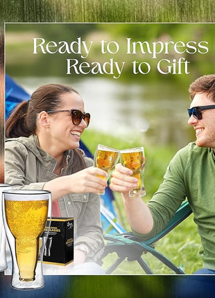 Dragon Glassware Beer Glasses - 13.5 oz Clear Double Wall Insulated Beer Glass Set of 2 - Upside Down Design - Holds One Full Bottle - Freezer Safe