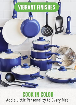 GreenLife Soft Grip 23 Piece Kitchen Cookware Pots and Frying Saucepans Set, Healthy Ceramic Nonstick PFAS and PFOA-Free, Dishwasher and Oven Safe, Even Heating, Easy Clean, Warp Control, Blue