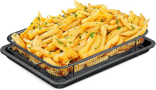 Crisper Tray - 2-Piece Set – Gray Marble, Non-Stick Basket Design for Healthier Cooking in Regular Ovens - Achieve Perfectly Crispy Chips, Bacon and More