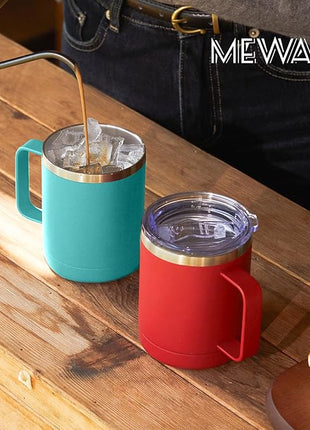 MEWAY 12oz Coffee Mug With Handle 2 Pack Bulk,Stainless Steel Insulated Travel Tumblers With Sliding Lid,Double Wall Vacuum Camping Cup for Hot & Cold Drinks Tea (Light Green,Set of 2)