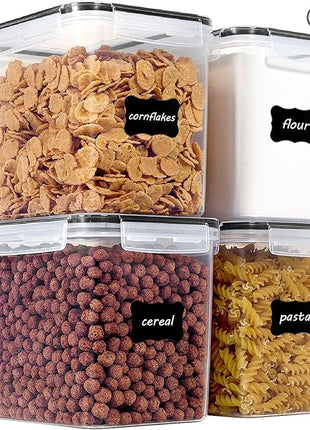 Vtopmart Food Storage Containers 3.3 quart / 3.6L, 4 Pieces BPA Free Plastic Airtight Canister for Flour, Sugar, Baking Supplies, with 4 Measuring Cups and 24 Labels,Black