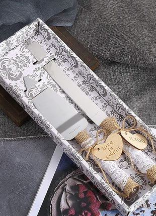 TANG SONG Rustic Style Stainless Steel Wedding Cake Knife and Serving Set Resin Plastic Handle with Twine Heart Love Wood Tag and Burlap Lace Design